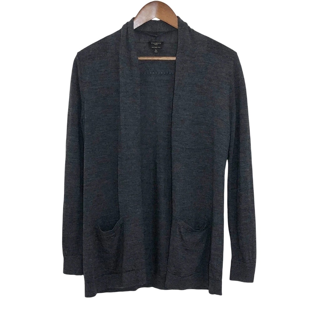 TALBOTS 100% Merino Wool Open Cardigan Sweater Sz S P Petite Gray Minimalist L/S